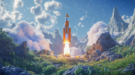 Rocket launches against a vibrant landscape with mountains and clouds in the afternoon skyの素材