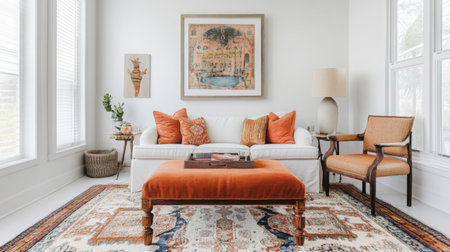 Cozy living room with white sofa and orange accents, featuring decorative rug and artworkの素材