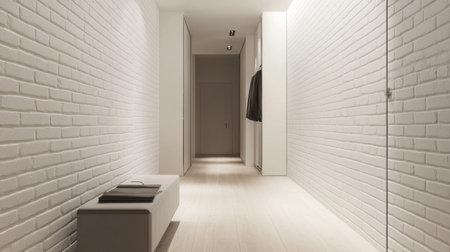 Modern hallway with white brick walls and minimalist design at a contemporary homeの素材