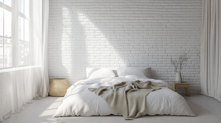Bright and airy bedroom with white brick wall and soft bedding in a cozy settingの素材