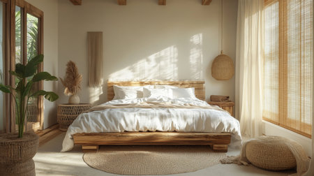 Cozy and bright bedroom with wooden bed and natural decor in a serene, sunlit spaceの素材