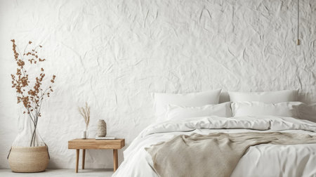 A white bed with a textured wall behind it and brown vase with dried flowers in the cornerの素材