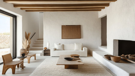 Cozy modern living room with natural elements and bright sunlight in serene home interiorの素材