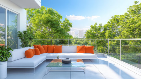 Modern outdoor lounge with orange cushions overlooking lush green landscape on sunny dayの素材
