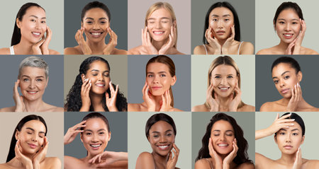 Diverse women showcasing skincare routines with joyful expressions in studioの写真素材
