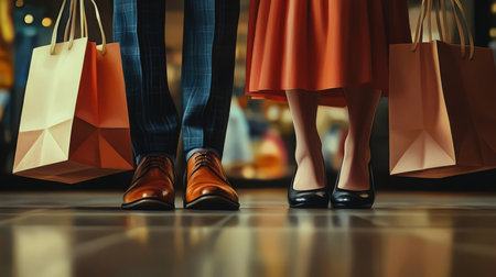 Couple shopping together in a mall while holding stylish shopping bags during the dayの素材
