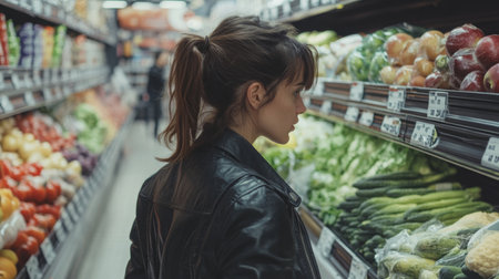 Woman shopping for fresh vegetables in a grocery store during daytimeの素材