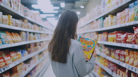 A woman browses the cereal aisle in a grocery storeの素材