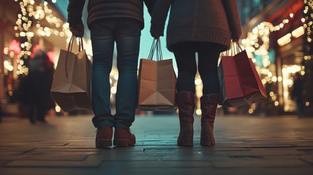Couple enjoying a festive shopping evening with holiday decorations and bright lightsの素材