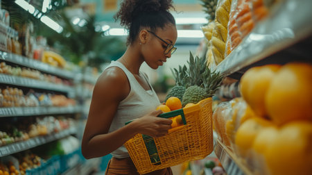 Young woman shopping for fresh fruits in a grocery store during the afternoonの素材