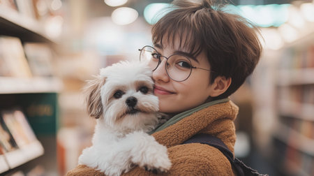 Young person holding a small dog while standing in a cozy bookstore during the dayの素材