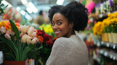 Smiling woman surrounded by vibrant flowers in a bustling market during daylight hoursの素材