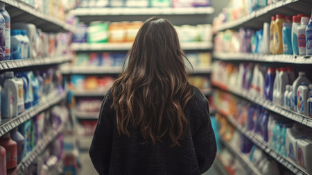 A woman walks down a grocery aisle, looking for productsの素材
