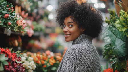 A woman smiles while browsing colorful flowers in a vibrant market during the daytimeの素材