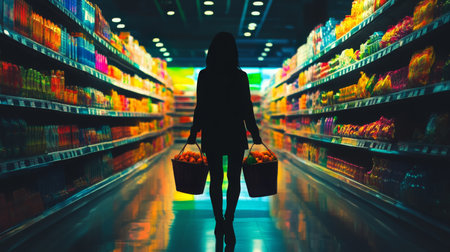 A woman walks down a grocery store aisle carrying two full basketsの素材