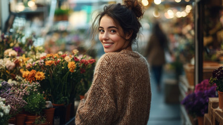 Young woman smiles while exploring a vibrant flower market in the evening lightの素材