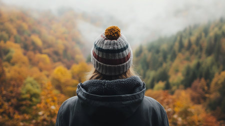 A person enjoys the autumn landscape while wearing a cozy hat in the forestの素材