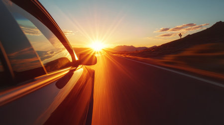 A car drives into the sunset along a winding road in a serene landscape during golden hourの素材