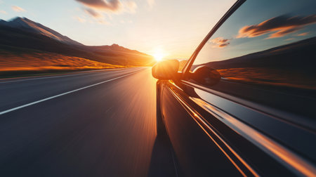 Scenic drive along an open road at sunset with mountains and dramatic skies in viewの素材