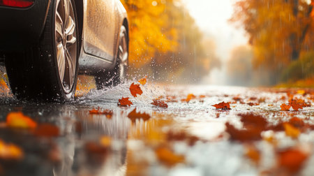 Car drives through puddles on a wet street lined with autumn leaves in golden sunlightの素材