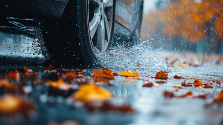 A car drives through puddles and fallen leaves on rainy autumn day in quiet neighborhoodの素材