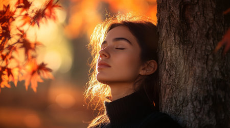 Young woman enjoying autumn serenity under a maple tree surrounded by colorful leavesの素材