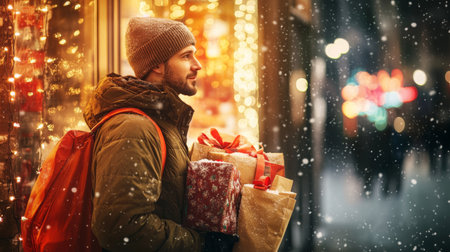 A man walks through the snow holding Christmas presentsの素材