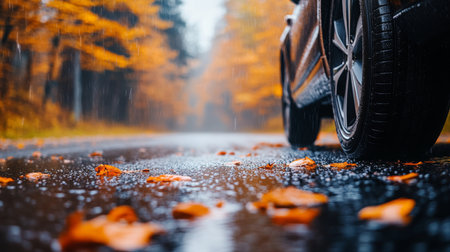 Rainy autumn day on a forest road with fallen leaves and a parked car in the foregroundの素材