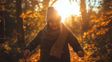 A joyful person walking through a sunlit forest during autumn foliage at golden hourの素材