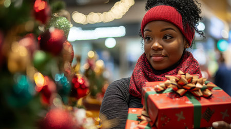 A woman holds Christmas gifts in front of a decorated Christmas treeの素材