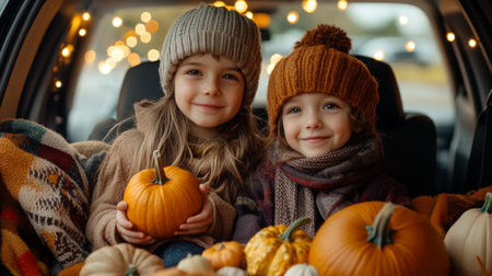 Two children enjoying a cozy autumn day with pumpkins in a car surrounded by warm lightsの素材