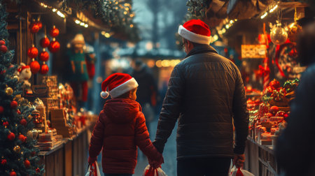 Father and child enjoy festive shopping at a holiday market in December wearing Santa hatsの素材