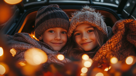 Two children enjoying a cozy winter evening surrounded by warm lights in a car trunkの素材