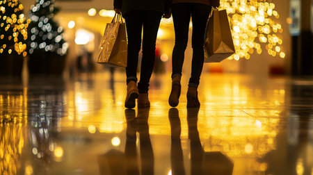 Two shoppers with bags strolling through a brightly lit mall during the holiday seasonの素材