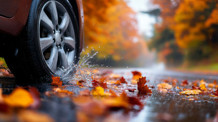Car driving through rain-soaked autumn leaves on a wet road surrounded by colorful treesの素材