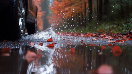 A car splashes through puddles on an autumn road covered with colorful fallen leavesの素材