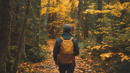 A hiker walks through a forest trail with fallen autumn leavesの素材