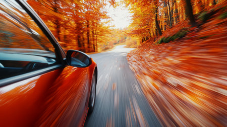 A vibrant autumn drive along a winding road in a forest filled with colorful fall foliageの素材