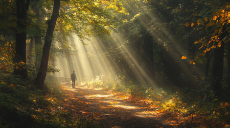 Sunlight filtering through trees as a person walks along a peaceful forest path in autumnの素材