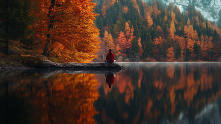 A serene moment by a tranquil lake surrounded by autumn foliage at sunsetの素材