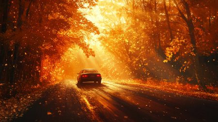 A car drives through a tranquil forest road filled with autumn foliage during golden hourの素材