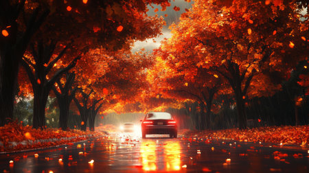 Autumn drive along a tree-lined road with vibrant orange leaves and rain-soaked pavementの素材