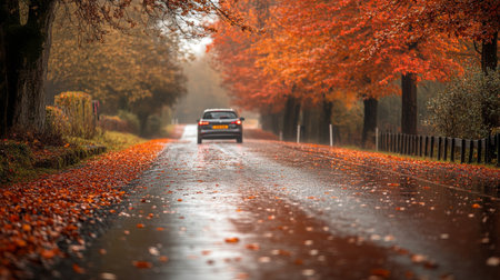 A car driving through picturesque autumn landscape on rainy day with vibrant orange leavesの素材