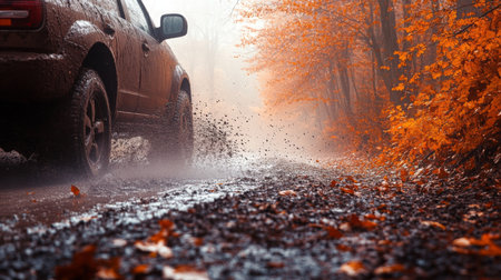 Off-road vehicle navigating a muddy path in an autumn forest with vibrant orange leavesの素材