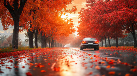 A car drives through a road lined with fall foliage on a rainy dayの素材
