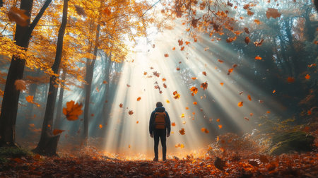 A person surrounded by falling leaves in a sunlit forest during autumnの素材