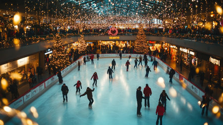 People ice skate at a mall decorated with Christmas lightsの素材