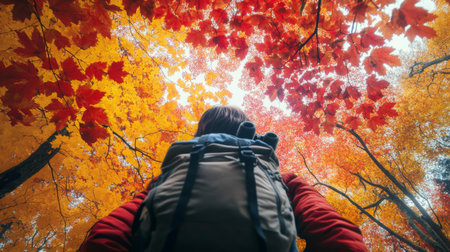 Person admiring colorful autumn leaves while hiking through a vibrant forest in fallの素材