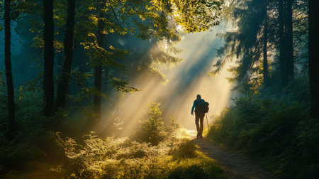 A hiker experiences the beauty of sunlight filtering through trees in a serene forestの素材