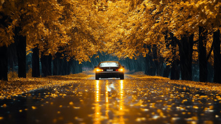 A car drives through rain-soaked road lined with golden autumn trees in the evening lightの素材